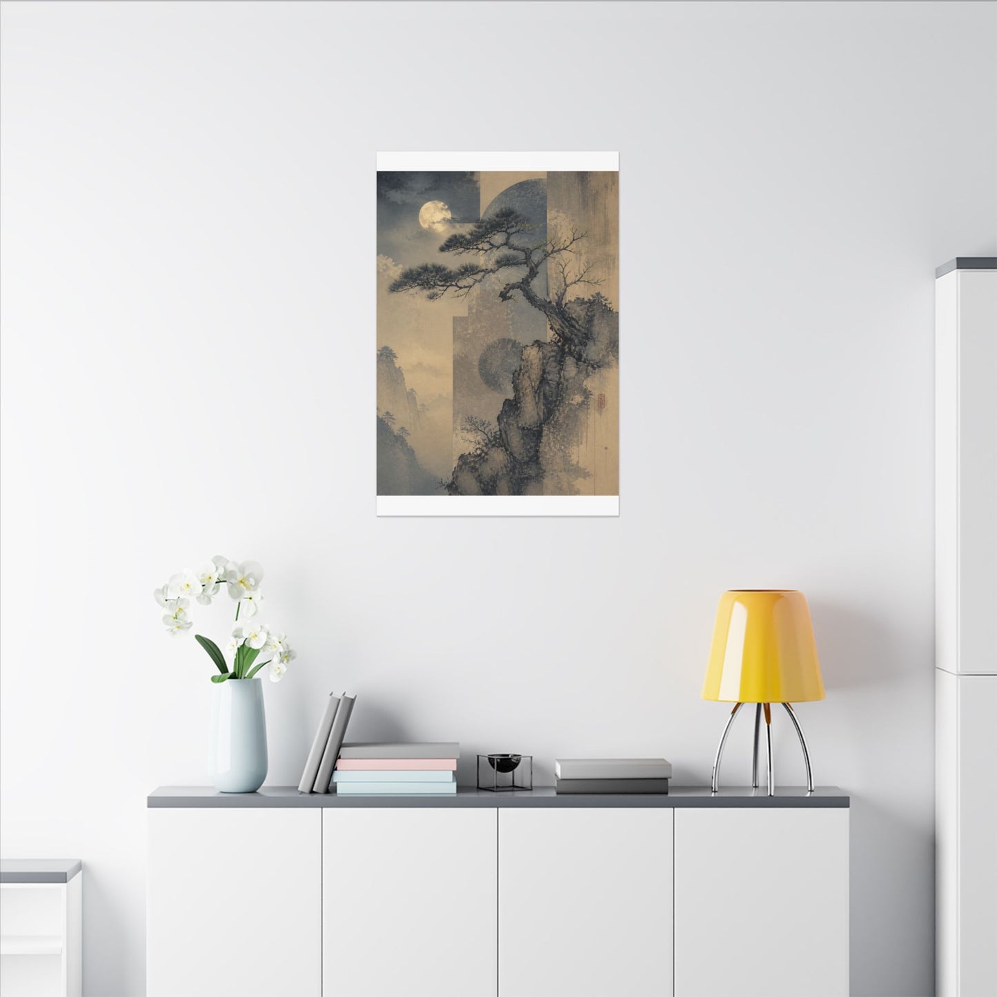 Japandi Pine Tree in Moonlight | Japanese Pattern Canvas Art