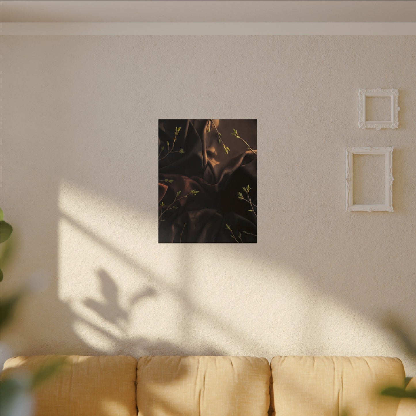 Dark Japandi Silk Drape in Golden Hour | Moody Minimal Canvas Art