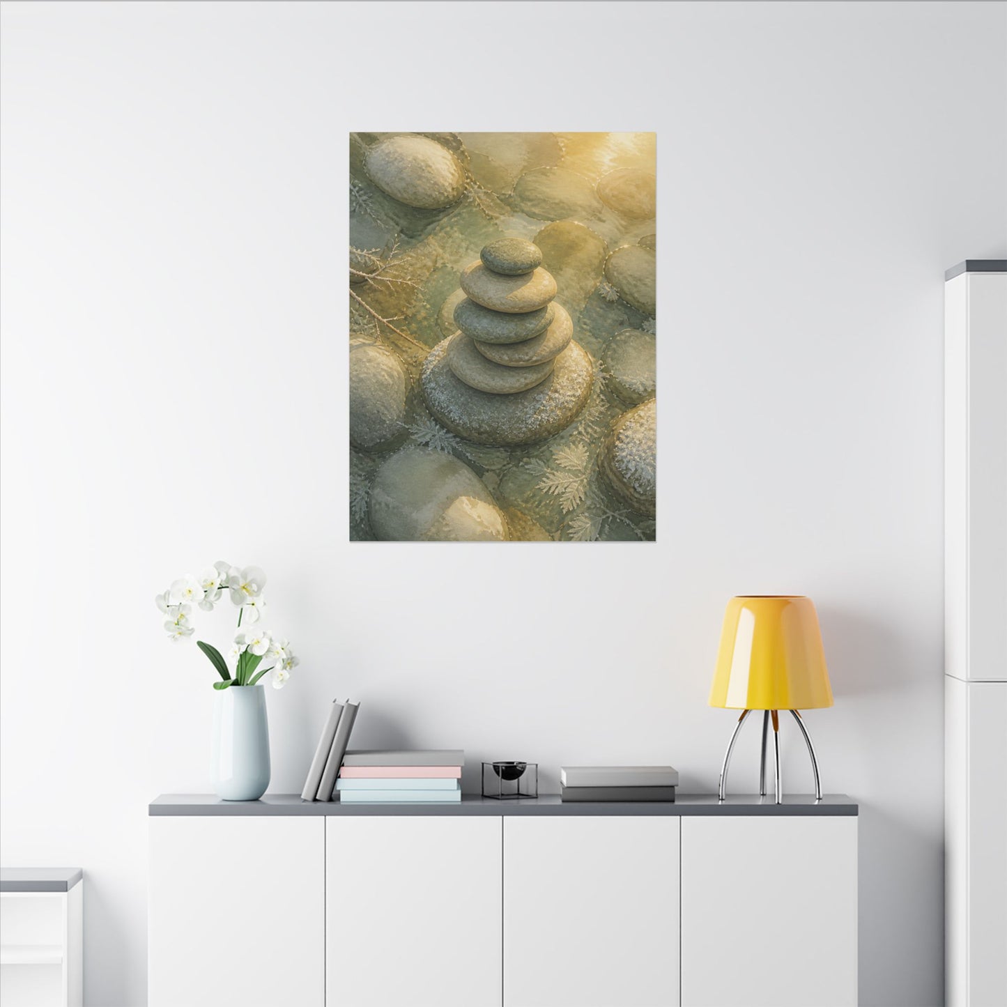 River Stones Watercolor Canvas Art | Elegant Japandi Art