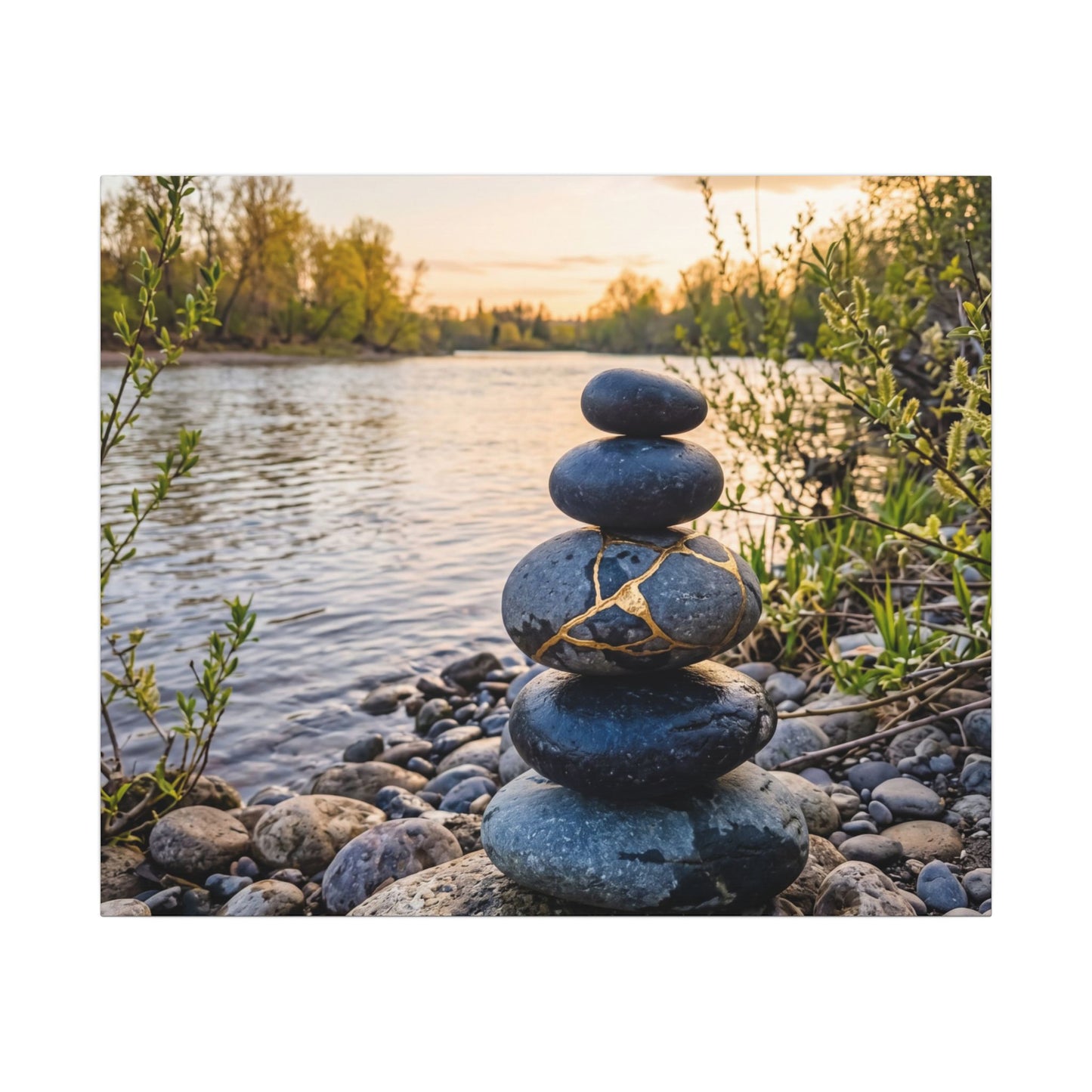 Kintsugi River Stones in Golden Hour | Gold Vein Canvas Art