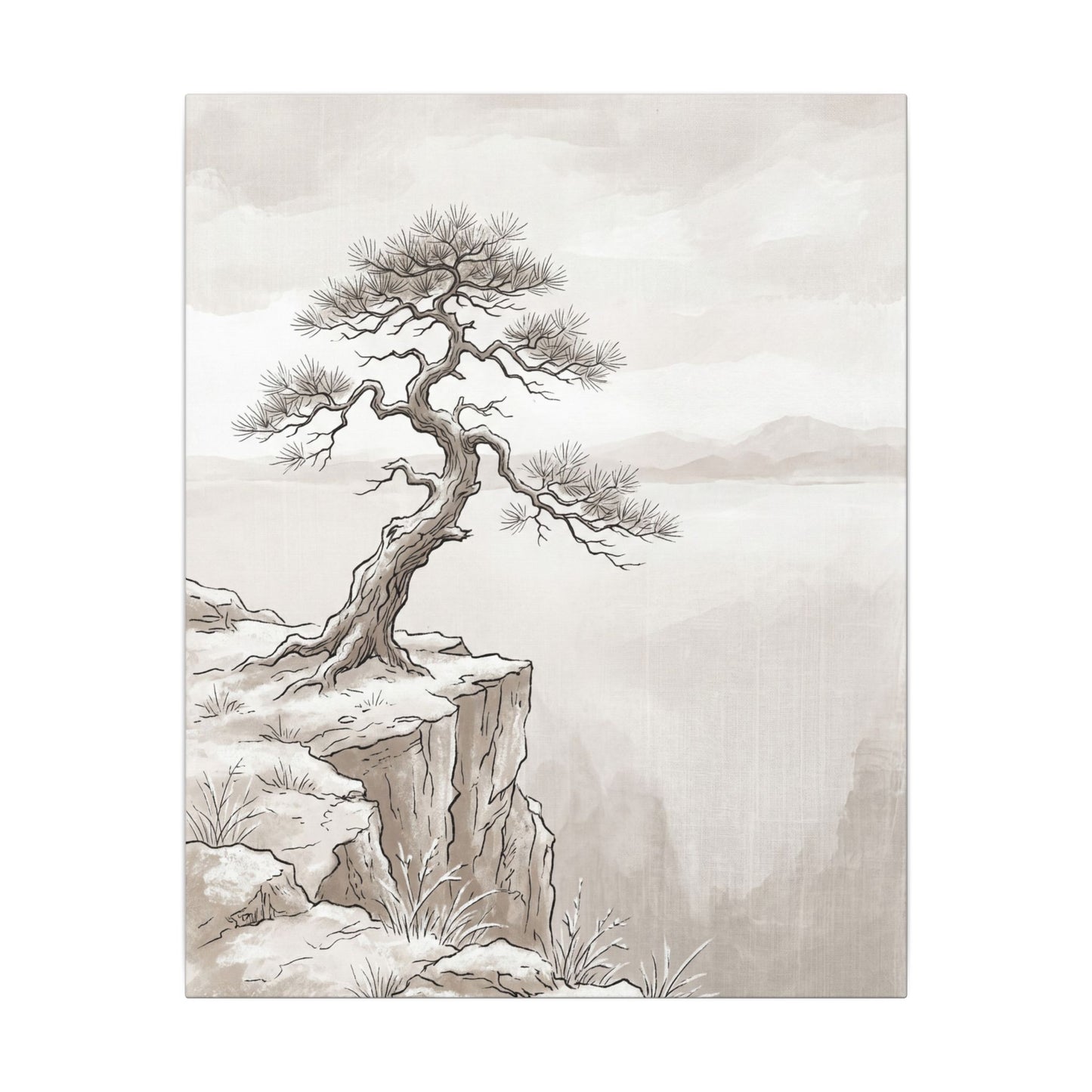 Neutral Pine Tree Canvas Art - Minimal Line Japandi