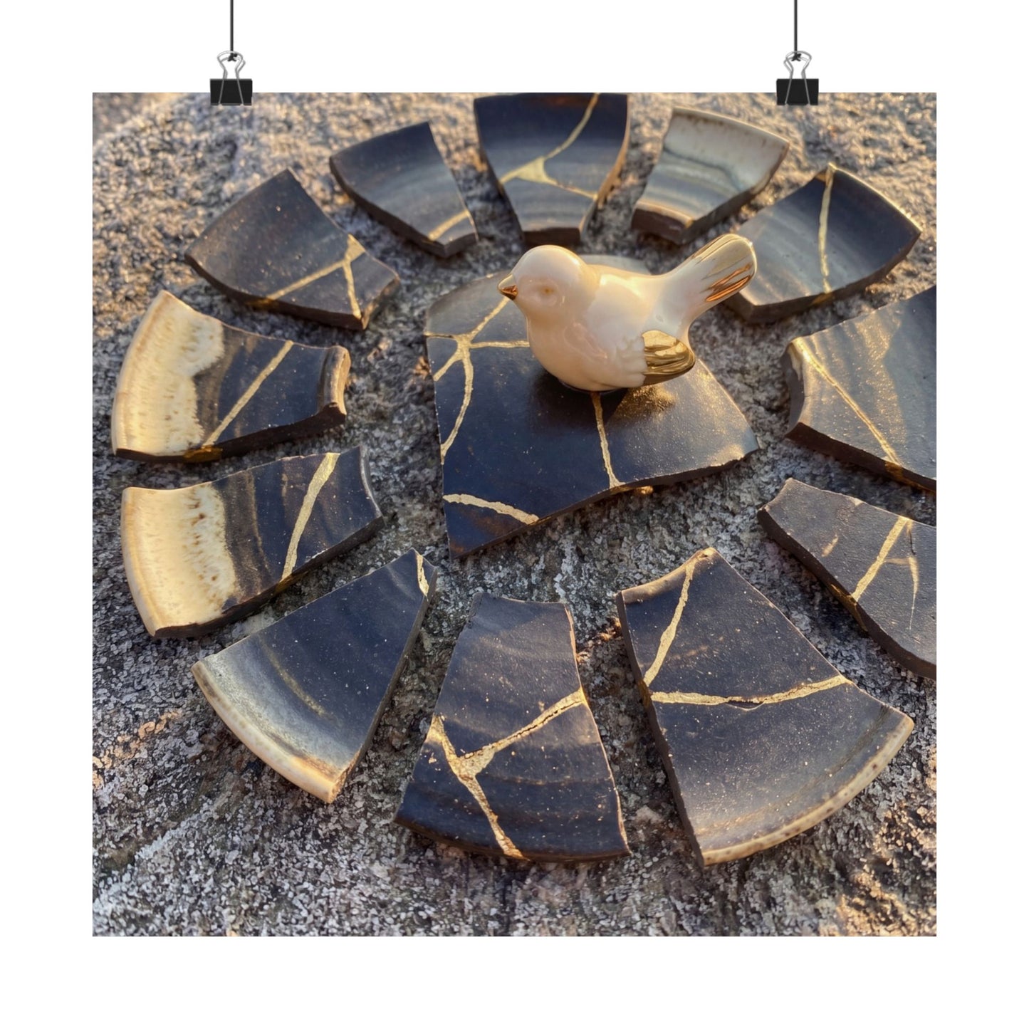 Kintsugi Broken Pottery in Golden Hour | Gold Repair Wall Art Print