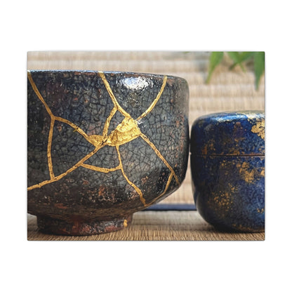 Tea Ceremony Crackle Gold Canvas Art | Philosophical Kintsugi Art