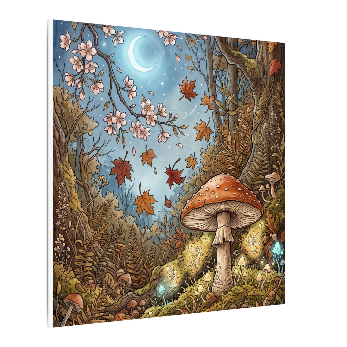 Autumn Cherry Blossom Mushroom Illustration Canvas Art | Enchanting Decor