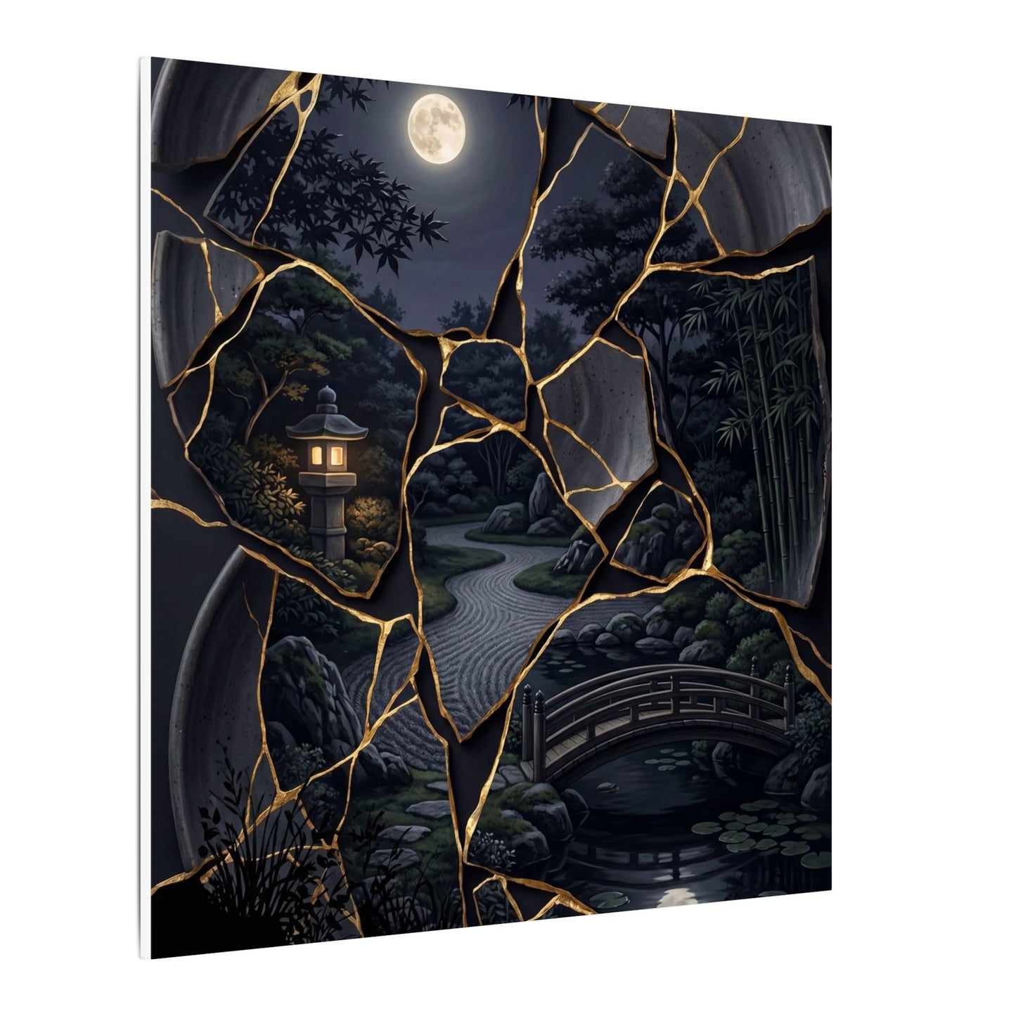 Kintsugi Moonlit Garden in Golden Hour | Gold Repair Canvas Art