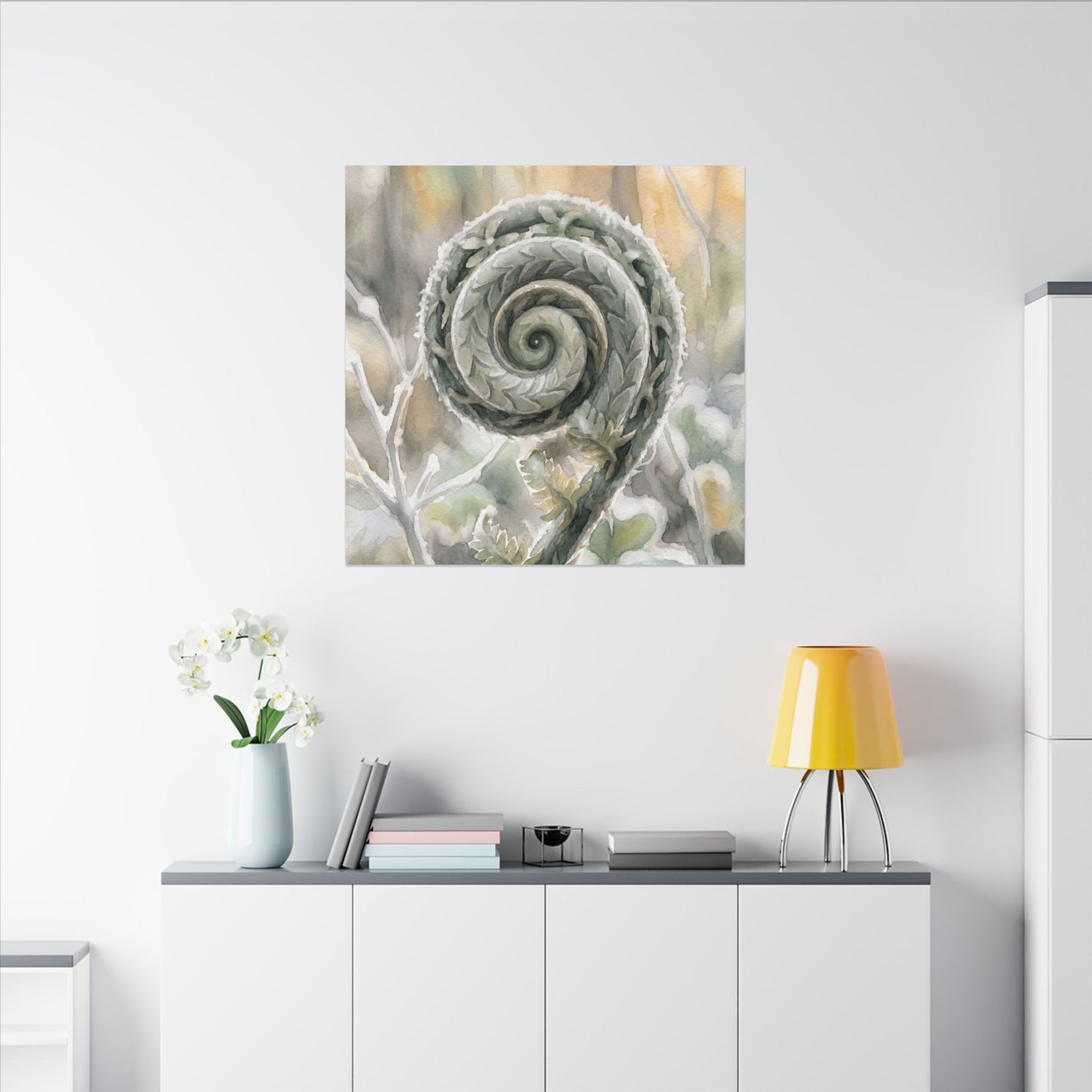 Winter Fern Unfurling Watercolor Canvas Art | Cozy Decor