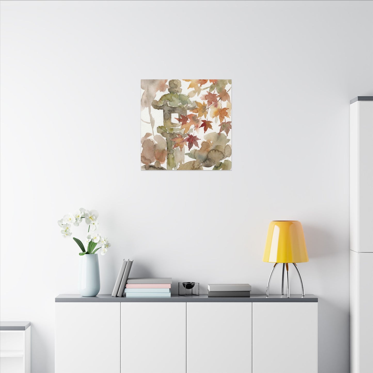 Stone Lantern Watercolor Canvas Art | Earthy Japandi Art