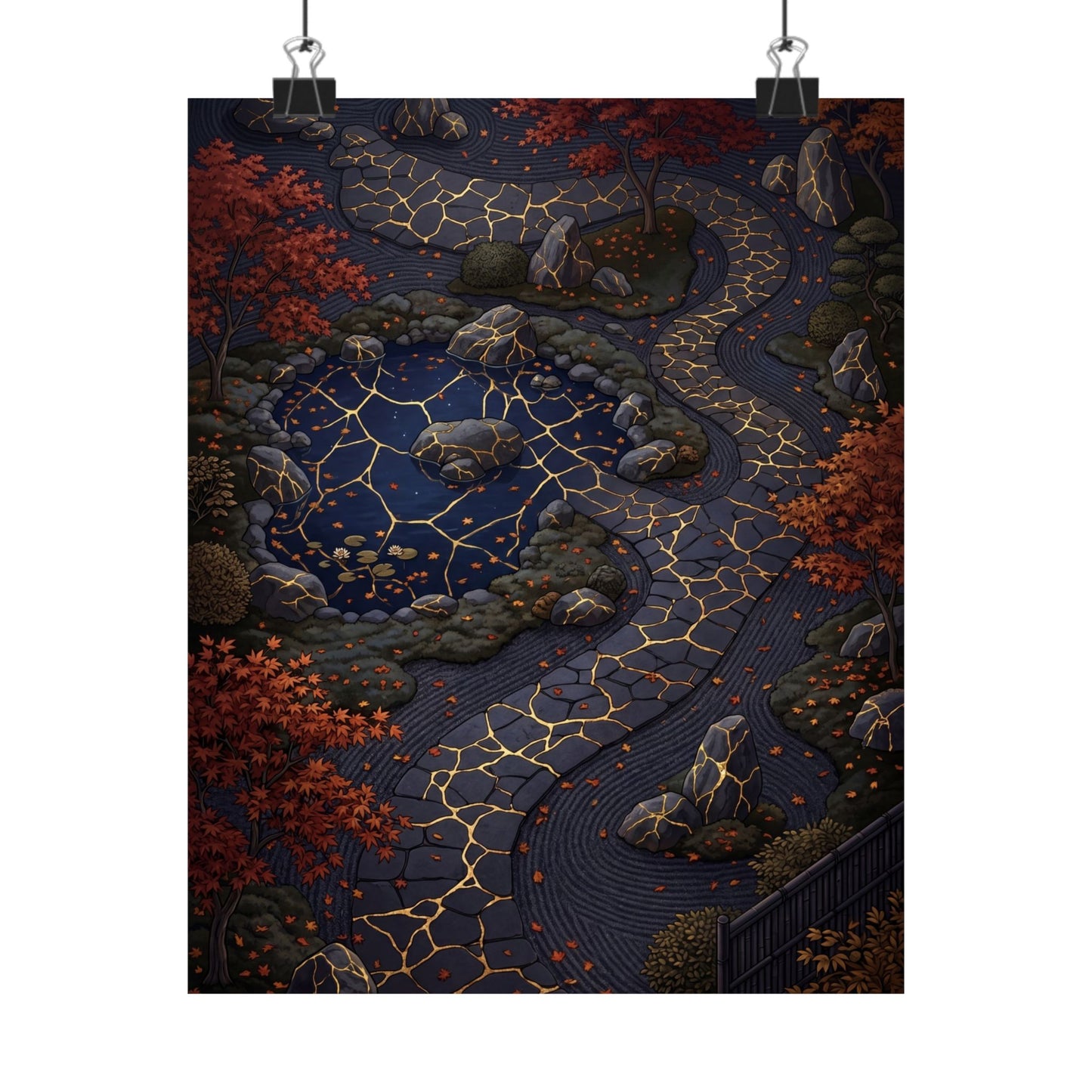 Moonlit Garden Wall Art Print | Autumn Kintsugi Gold Vein Art