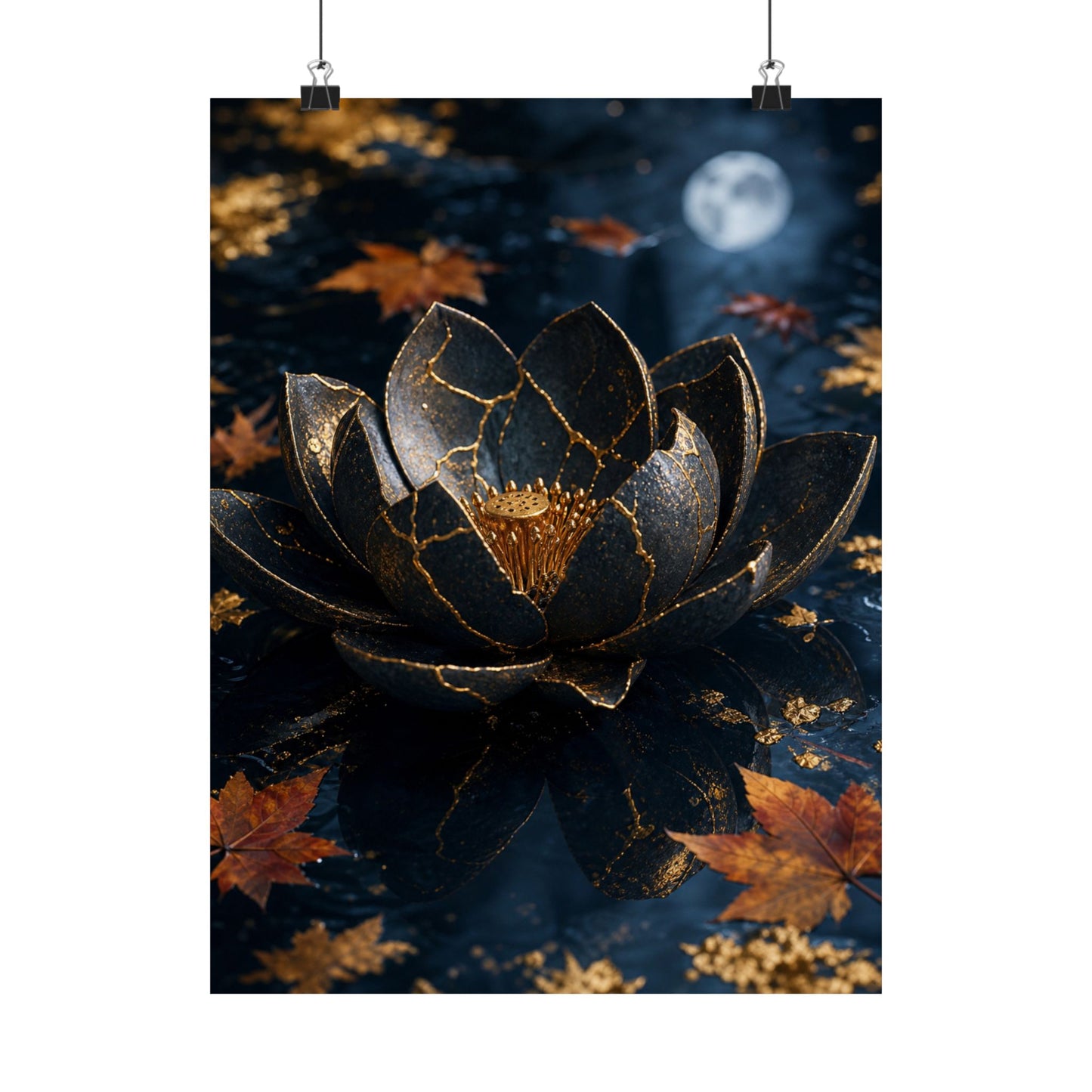Kintsugi Lotus Flower in Moonlight | Gold Repair Wall Art Print