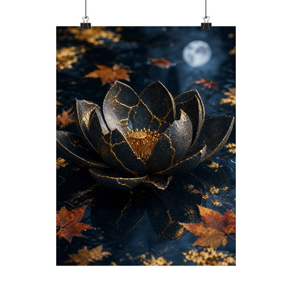 Kintsugi Lotus Flower in Moonlight | Gold Repair Wall Art Print