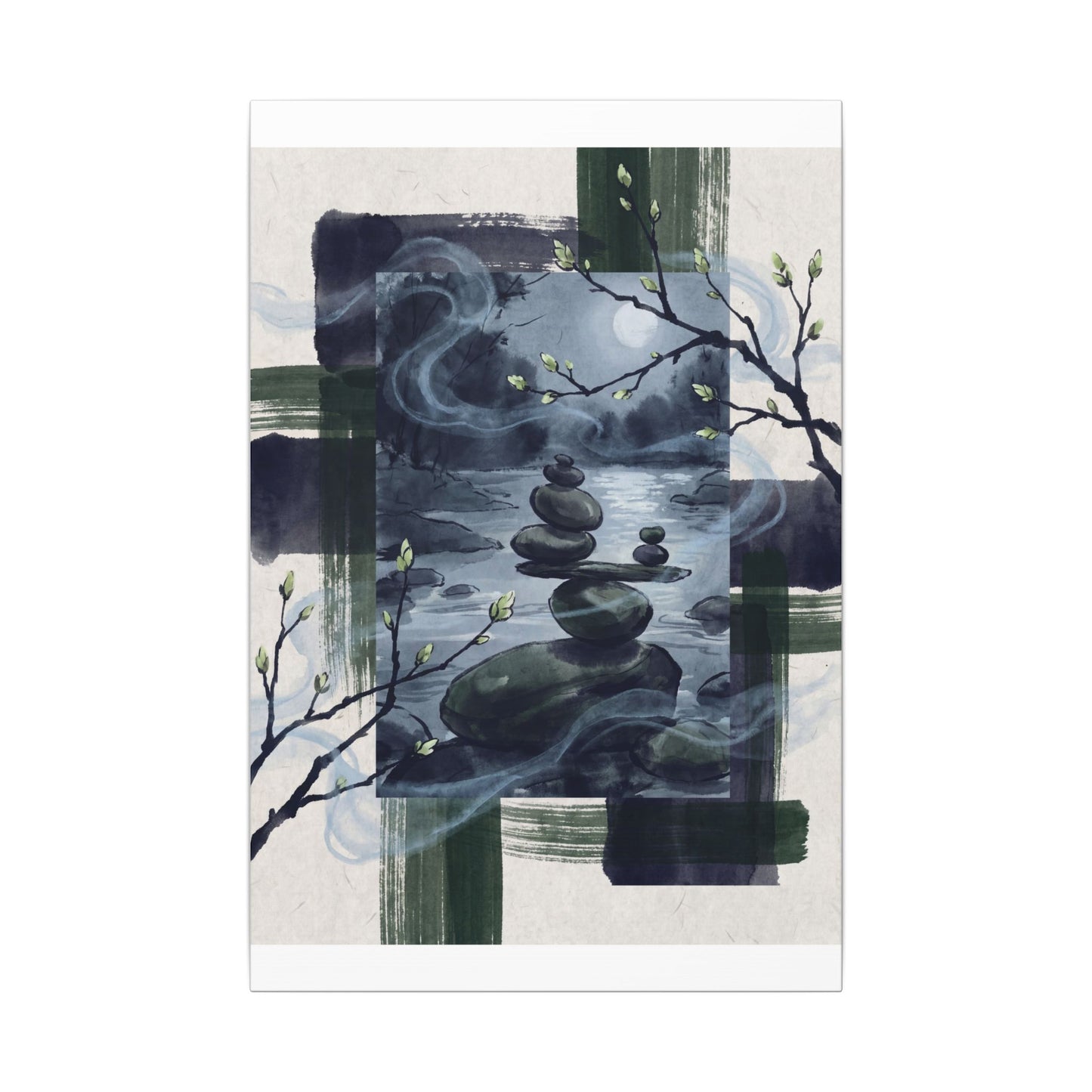 Moonlight River Stones Canvas Art - Zen Shibui