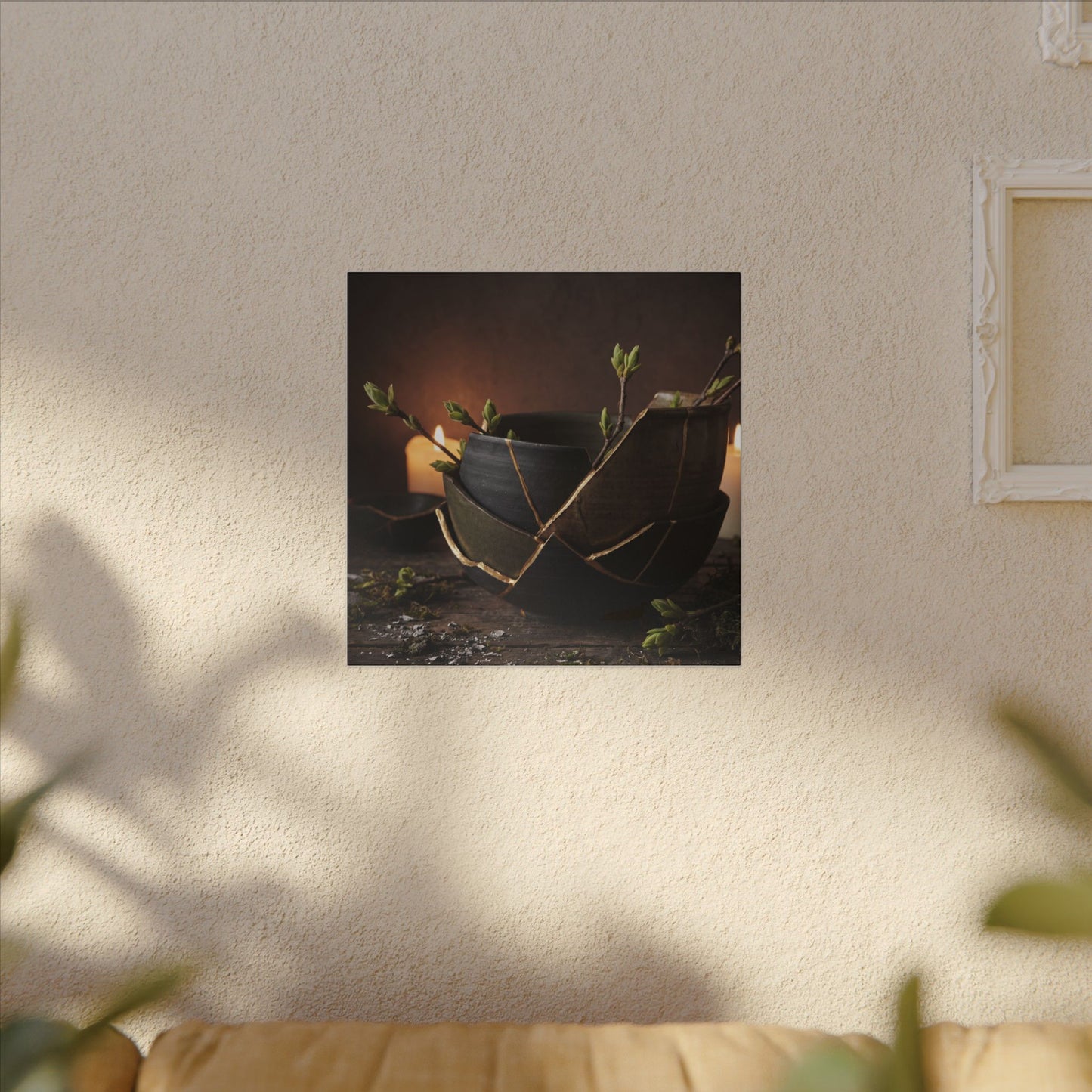 Broken Pottery Spring Canvas Art | Dark Japandi Luxurious Design