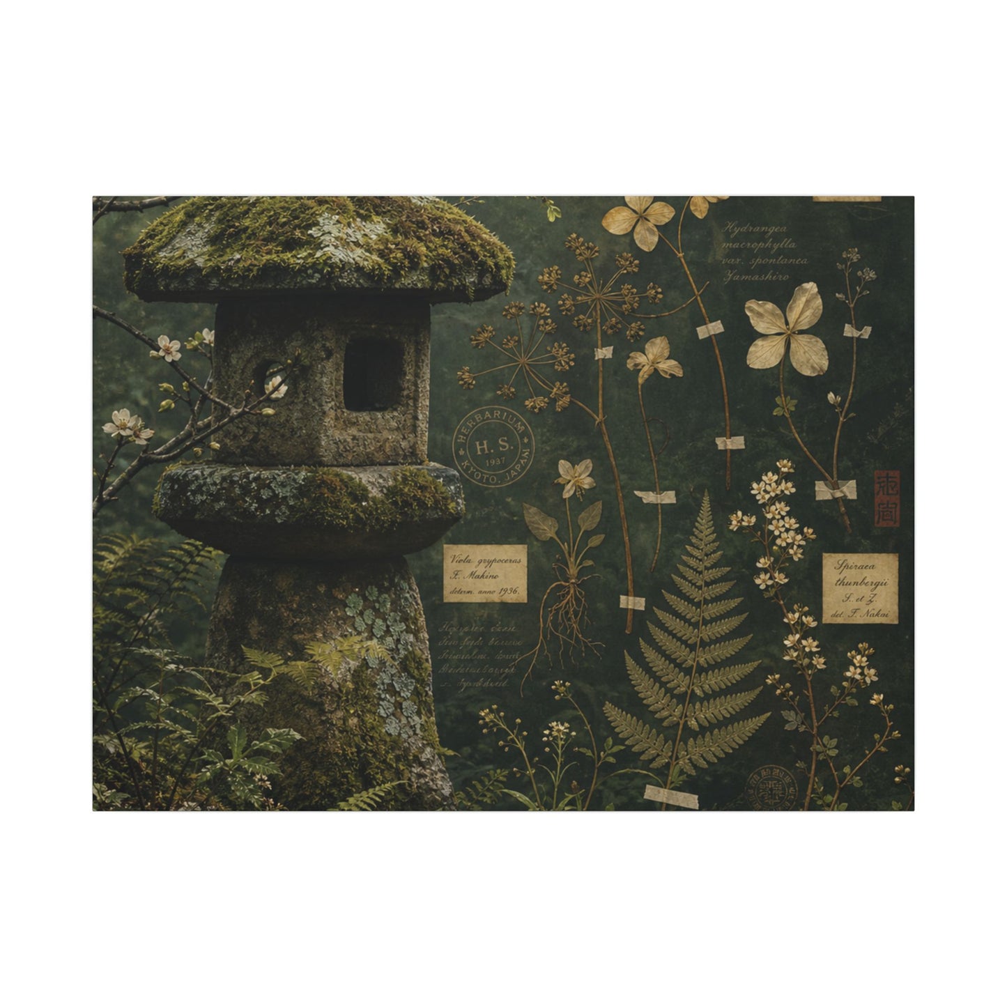 Spring Stone Lantern Herbarium Canvas Art | Nostalgic Decor