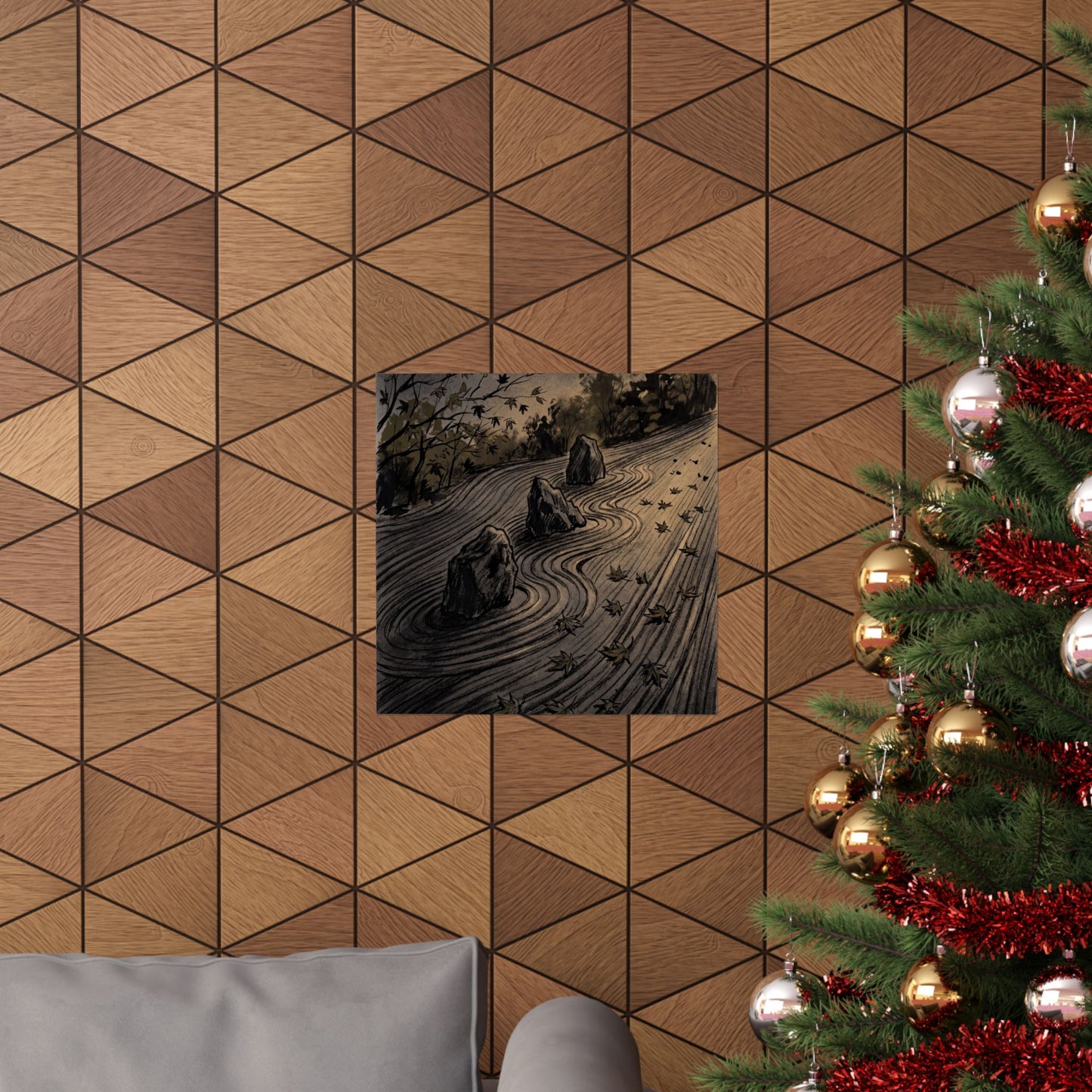 Rock Garden Autumn Wall Art Print | Dark Japandi Sophisticated Design
