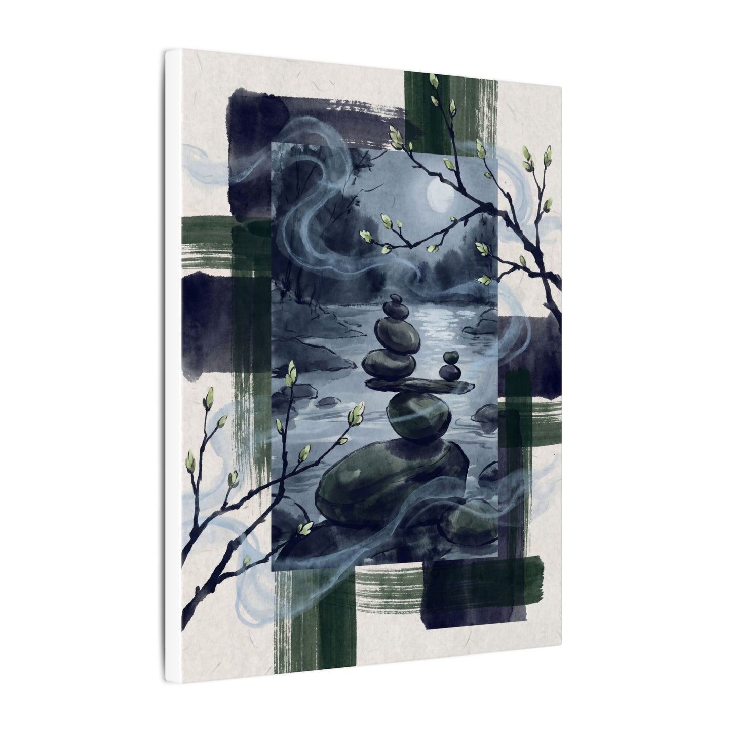 Moonlight River Stones Canvas Art - Zen Shibui