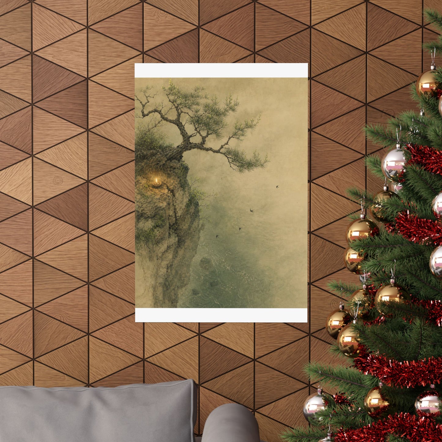 Japandi Pine Tree in Candlelight | Minimal Line Wall Art Print