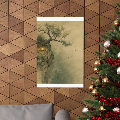 Japandi Pine Tree in Candlelight | Minimal Line Wall Art Print