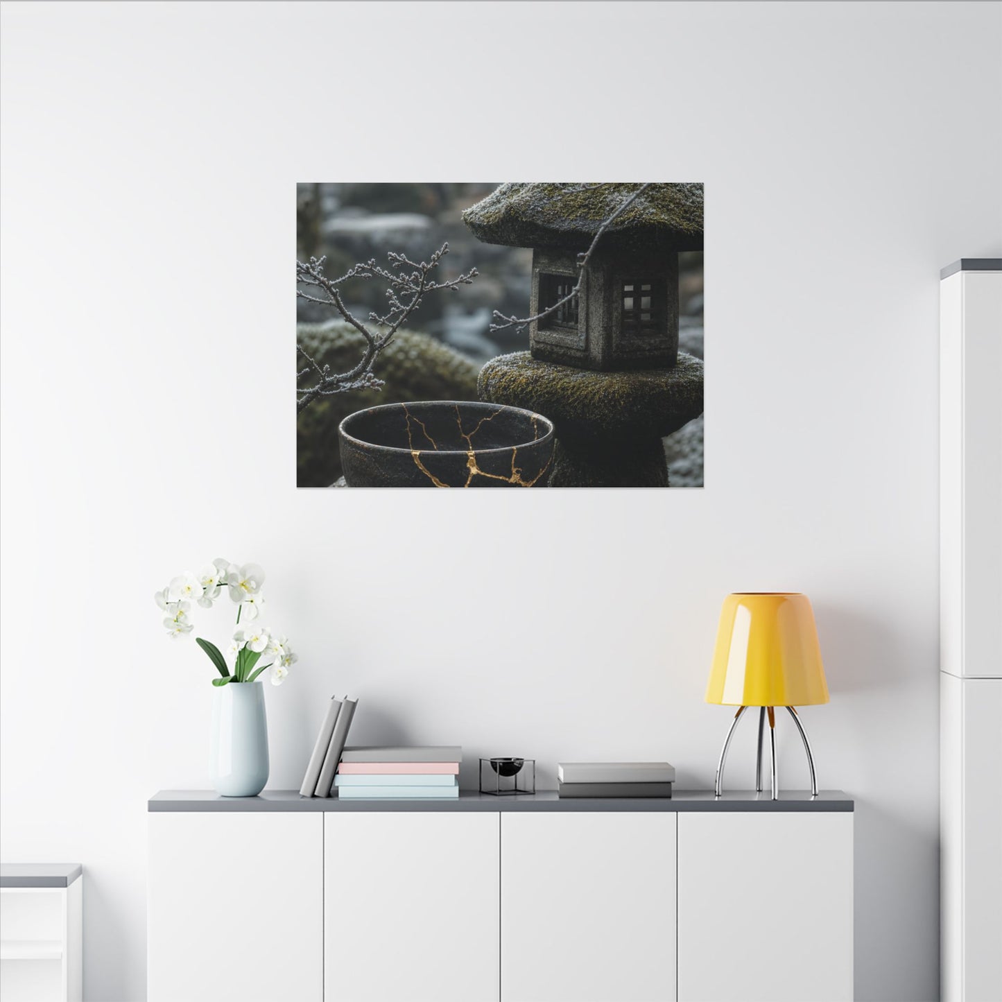 Stone Lantern Canvas Art | Winter Kintsugi Gold Repair Art