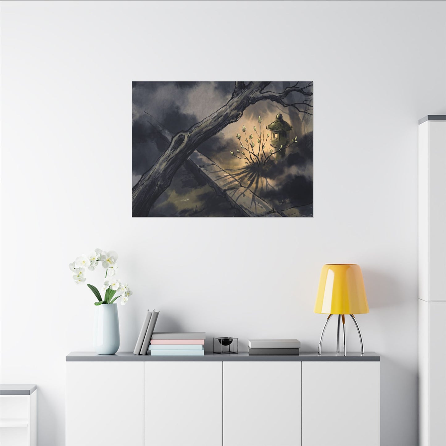 Dark Japandi Moonlit Garden in Golden Hour | Charcoal Ink Canvas Art