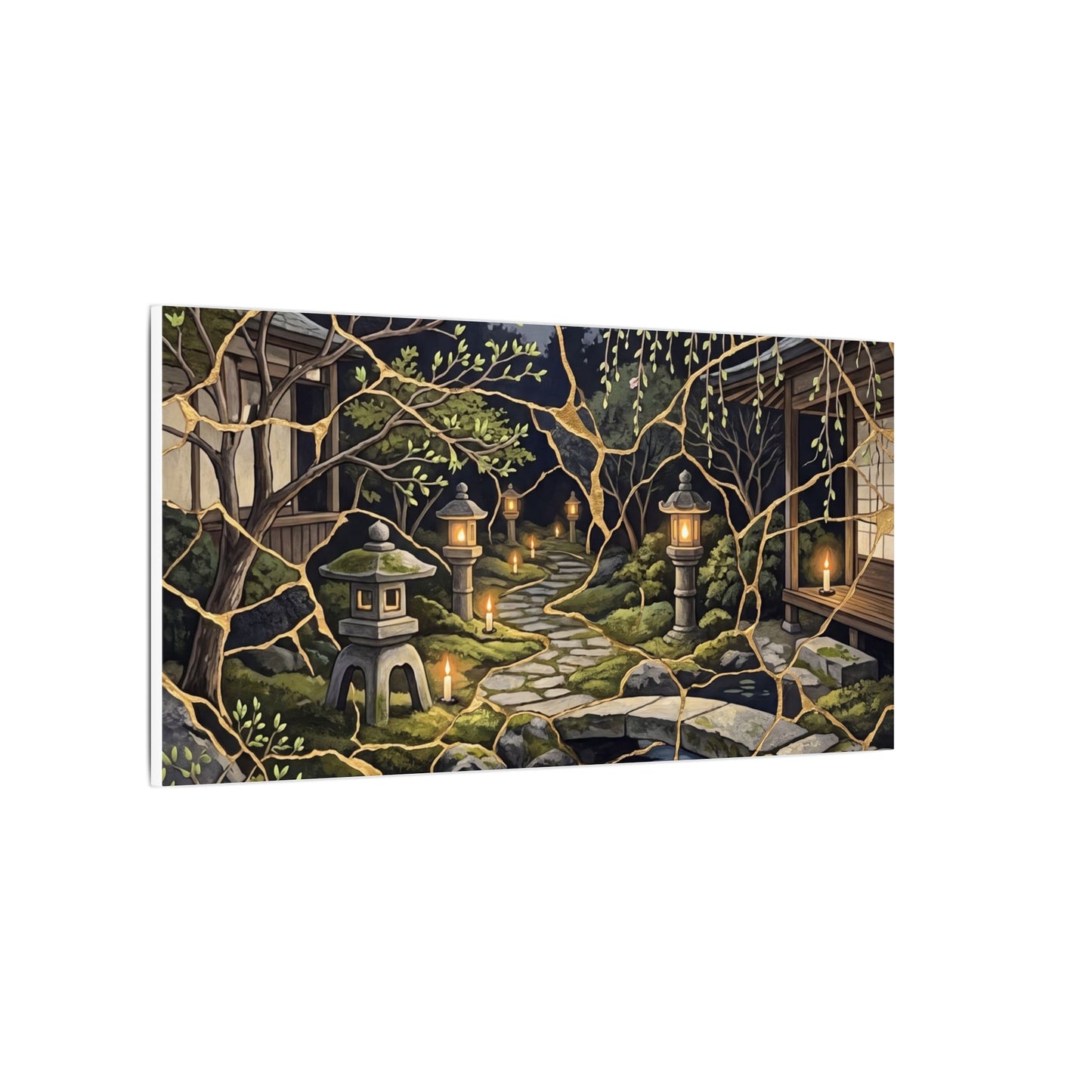 Kintsugi Moonlit Garden in Candlelight | Gold Vein Canvas Art
