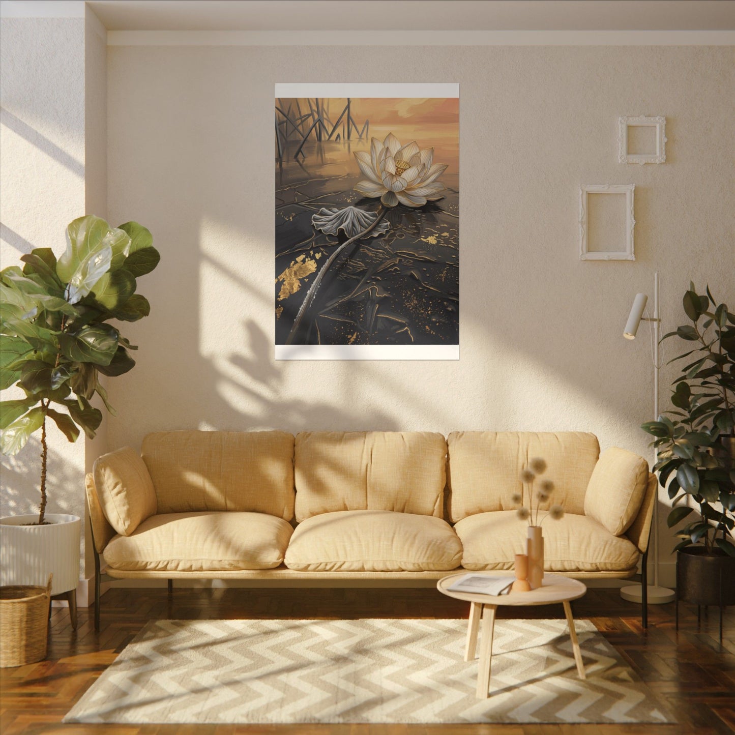 Kintsugi Lotus Flower in Golden Hour | Gold Vein Canvas Art