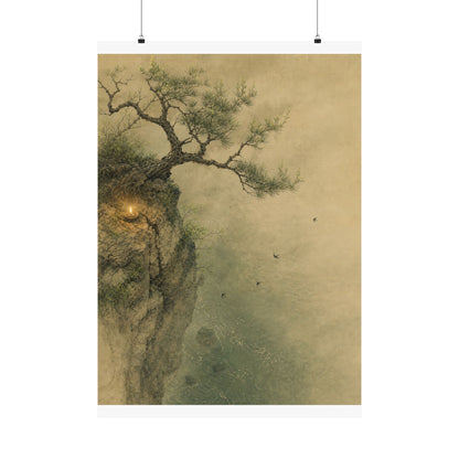 Japandi Pine Tree in Candlelight | Minimal Line Wall Art Print