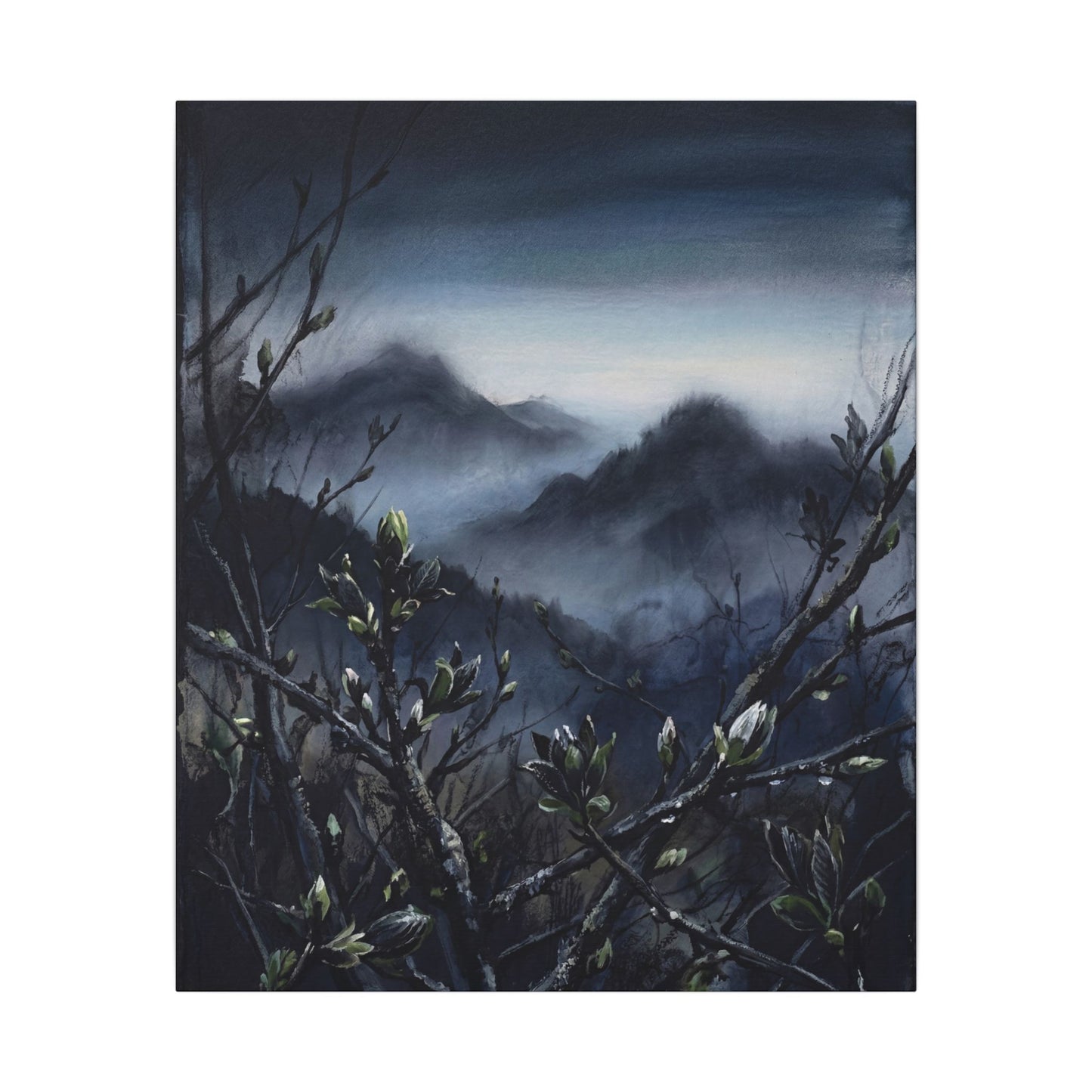 Mountain Mist Spring Canvas Art | Dark Japandi Atmospheric Design
