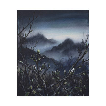 Mountain Mist Spring Canvas Art | Dark Japandi Atmospheric Design