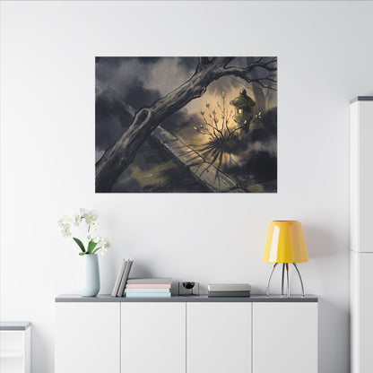 Dark Japandi Moonlit Garden in Golden Hour | Charcoal Ink Canvas Art