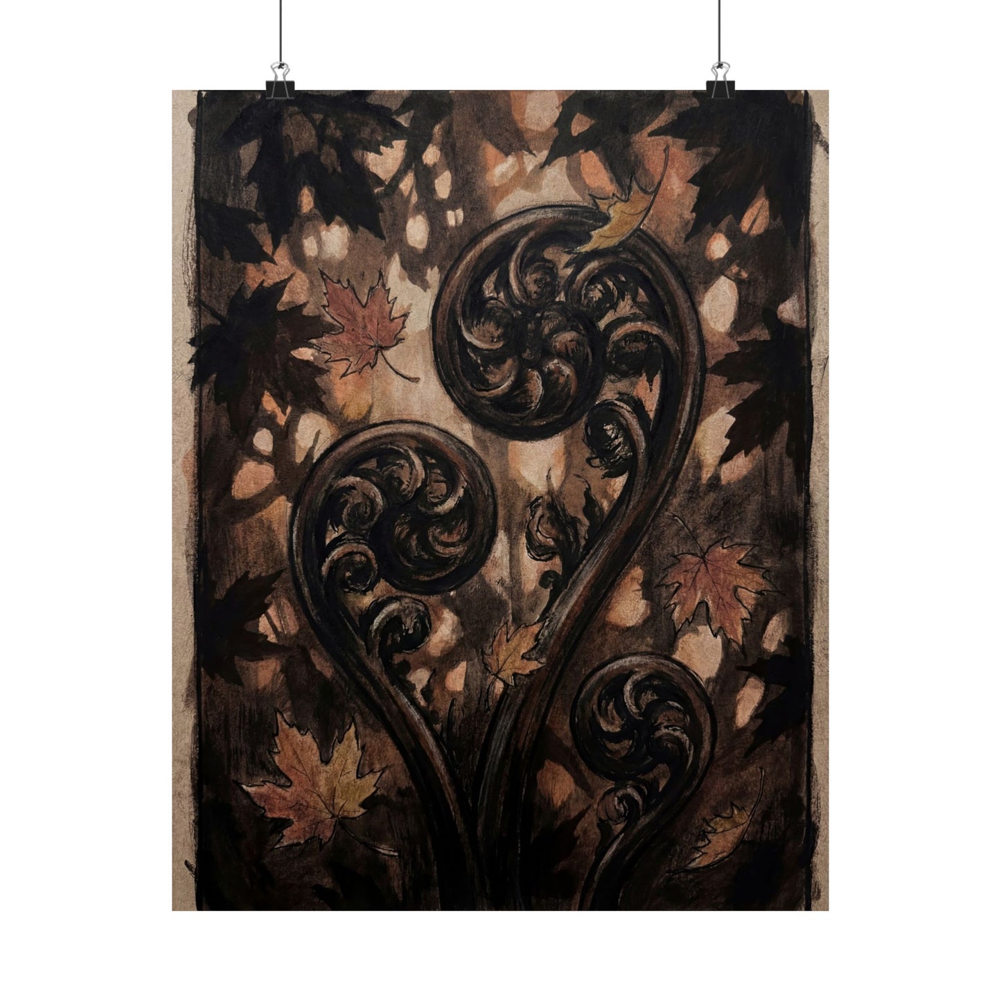 Fern Unfurling Autumn Wall Art Print | Dark Japandi Sophisticated Design Art Print
