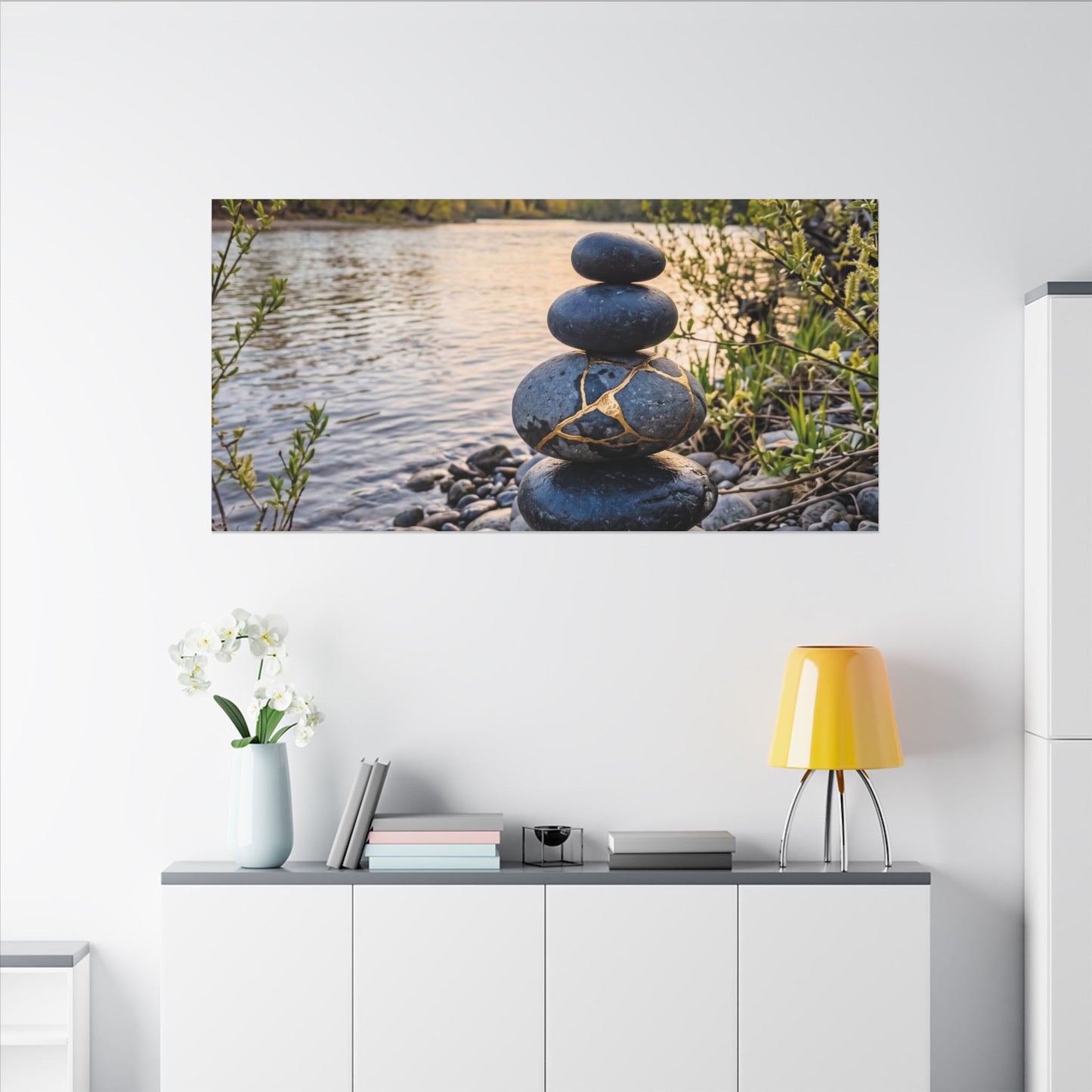 Kintsugi River Stones in Golden Hour | Gold Vein Canvas Art