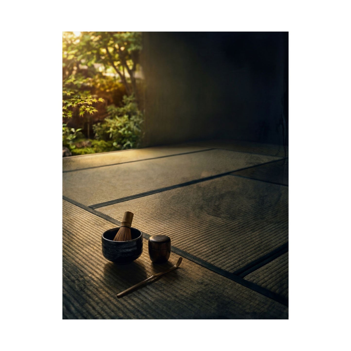Dark Japandi Tea Ceremony in Golden Hour | Dark Texture Wall Art Print