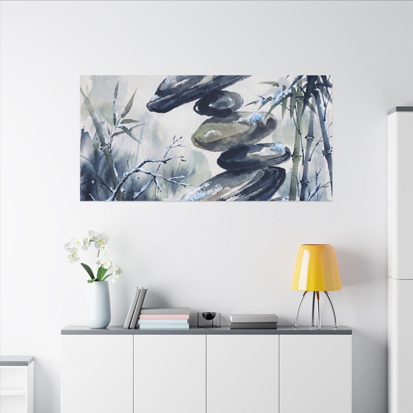 Zen River Stones in Moonlight | Sumi E Canvas Art