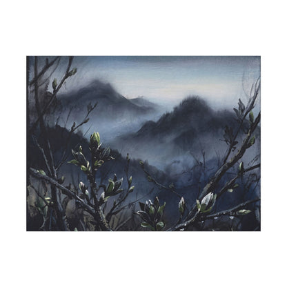 Mountain Mist Spring Canvas Art | Dark Japandi Atmospheric Design