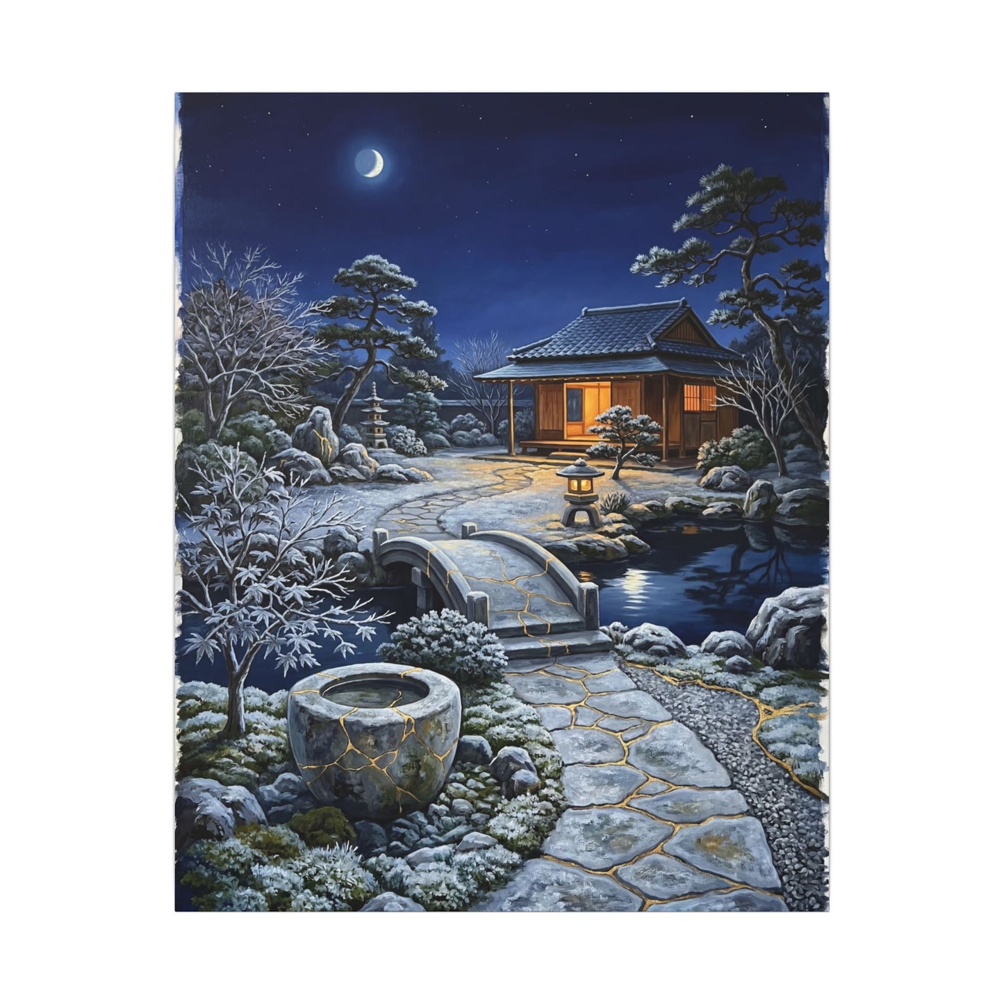 Moonlit Garden Winter Canvas Art | Kintsugi Artful Design