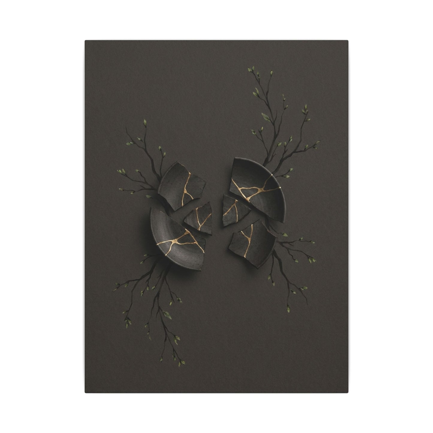 Sophisticated Broken Pottery Canvas Art - Charcoal Ink Dark Japandi