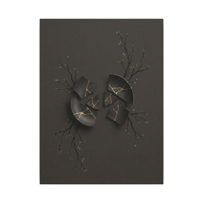Sophisticated Broken Pottery Canvas Art - Charcoal Ink Dark Japandi