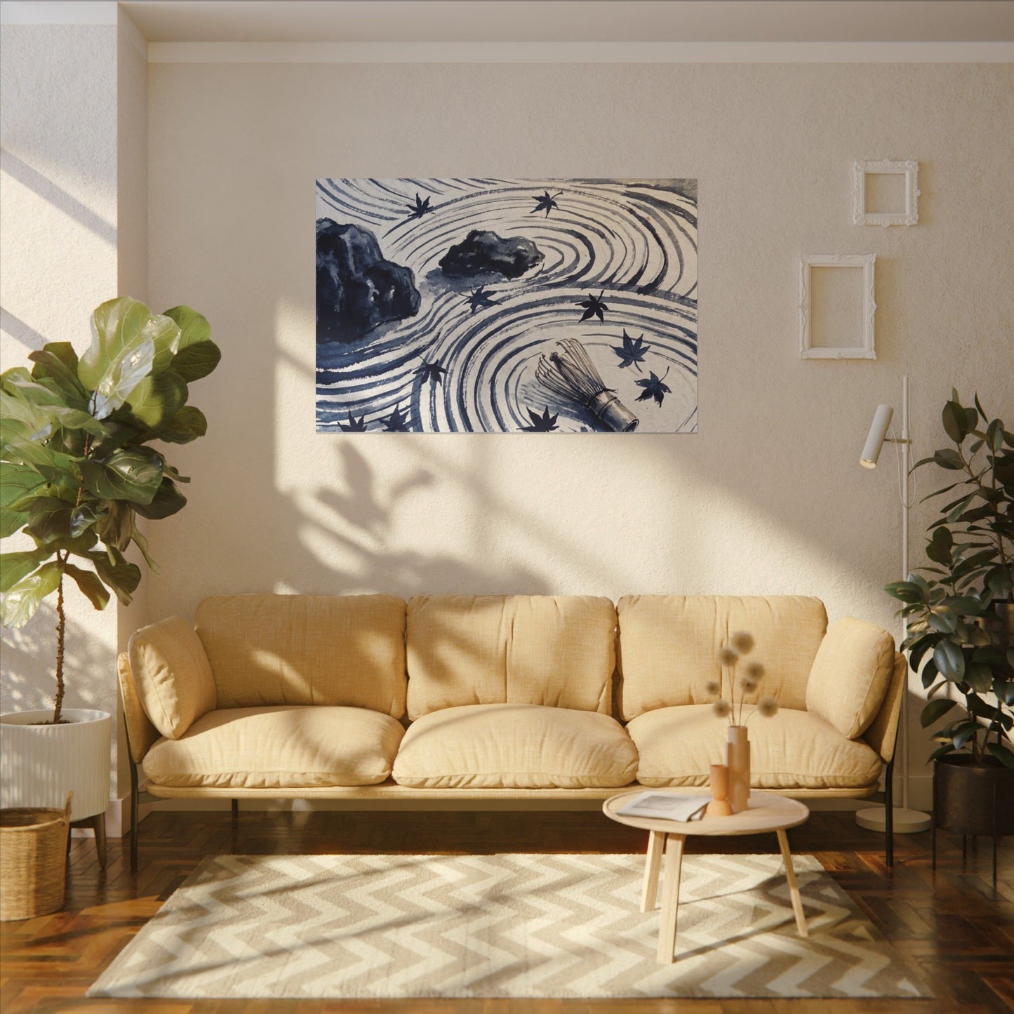 Zen Rock Garden in Golden Hour | Sumi E Canvas Art