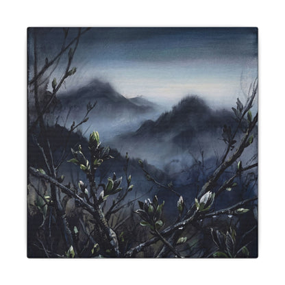 Mountain Mist Spring Canvas Art | Dark Japandi Atmospheric Design