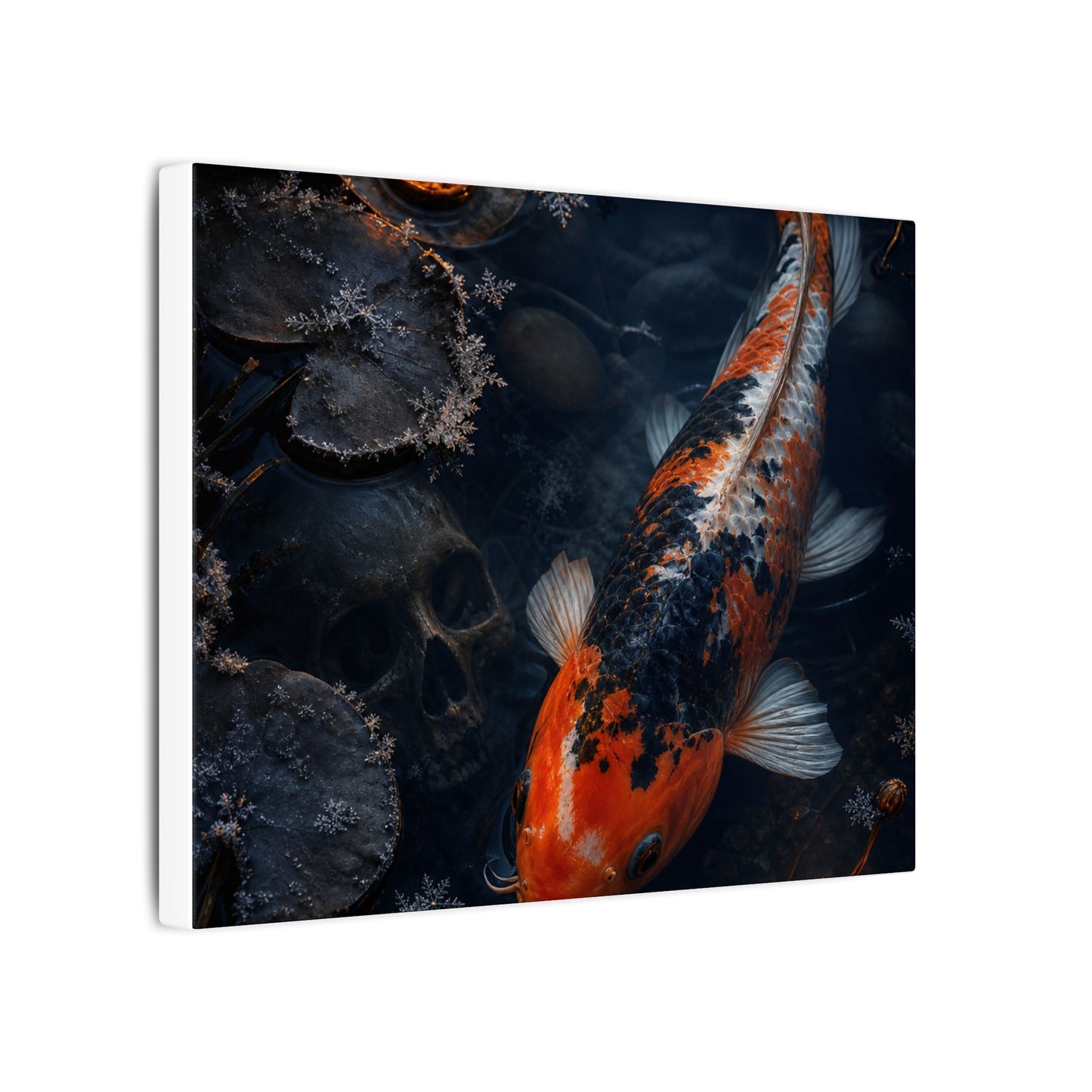 Koi Pond Canvas Art | Winter Dark Japandi Shadow Zen Art