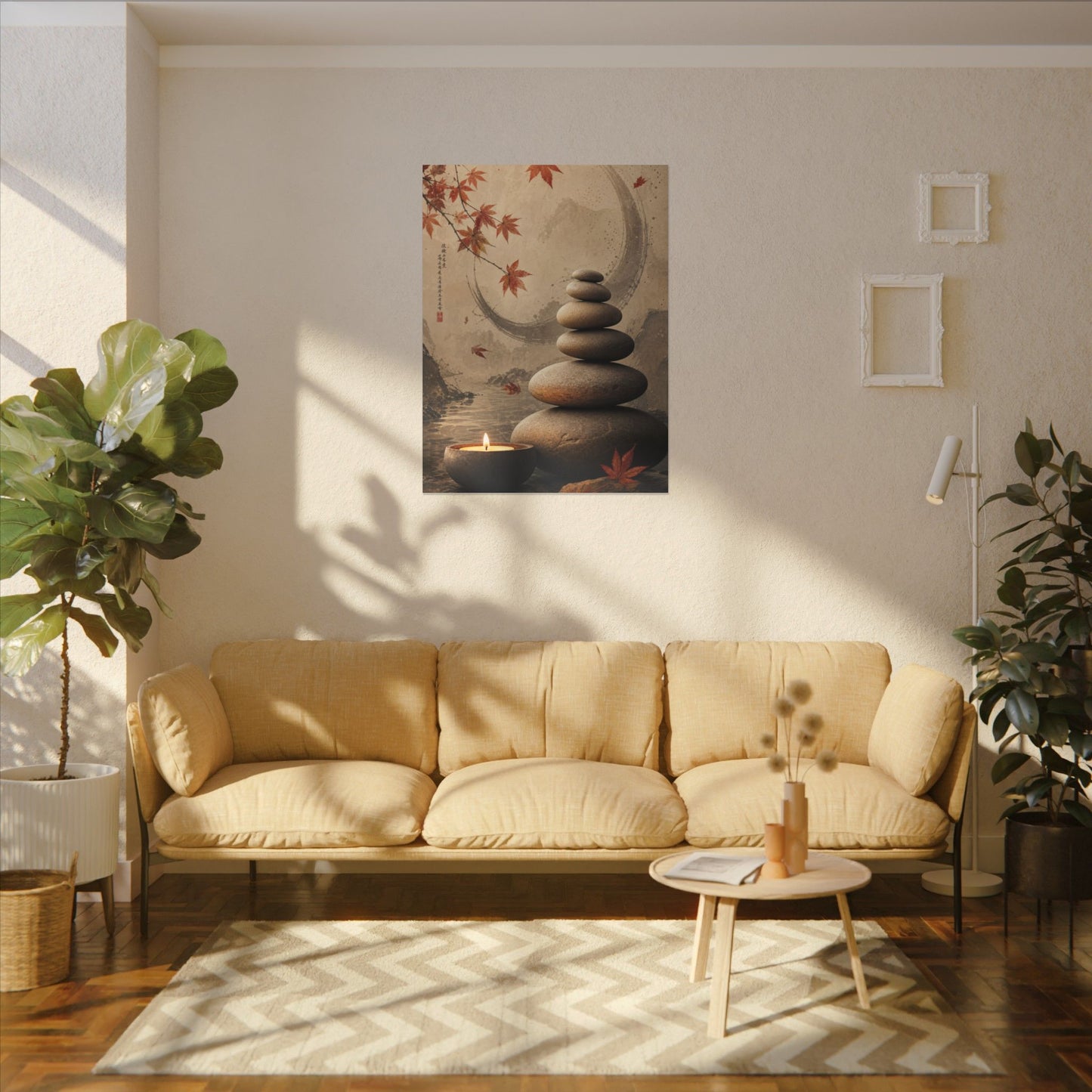 Japandi River Stones in Candlelight | Japanese Pattern Canvas Art