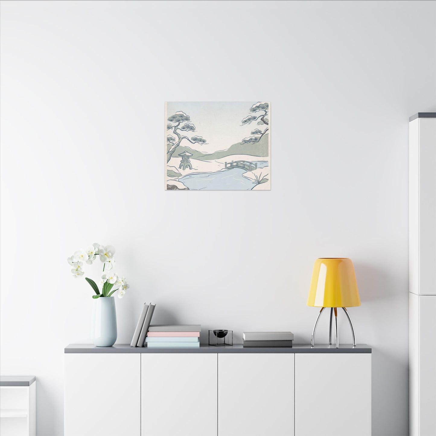 Japandi Moonlit Garden in Moonlight | Minimal Line Canvas Art