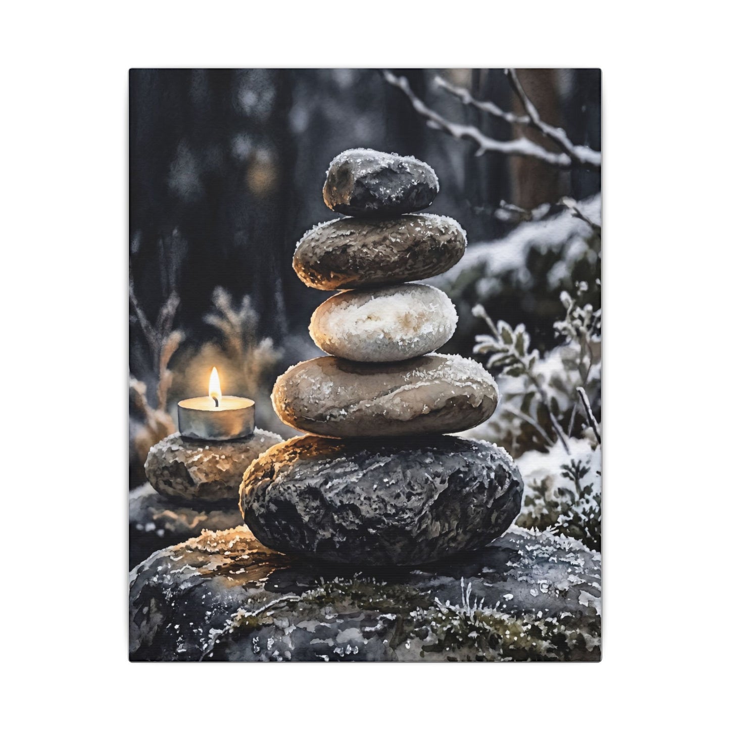 River Stones Canvas Art | Winter Japandi Watercolor Art