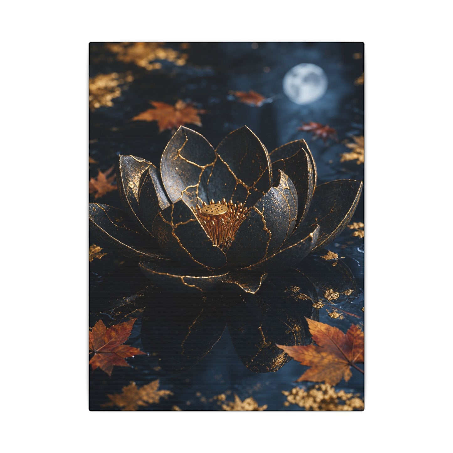Moonlight Lotus Flower Canvas Art - Kintsugi Fukinsei