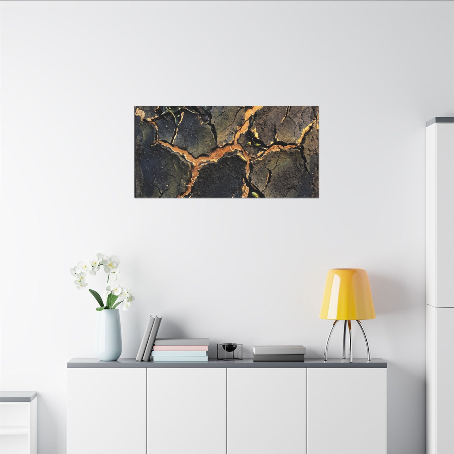 Cracked Earth Spring Canvas Art | Dark Japandi Atmospheric Design