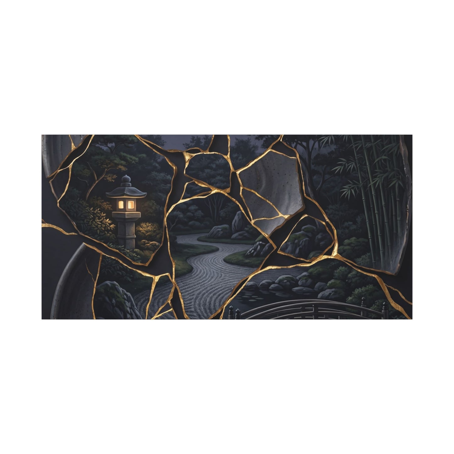 Kintsugi Moonlit Garden in Golden Hour | Gold Repair Canvas Art