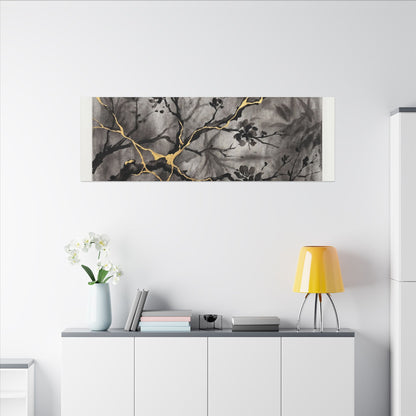 Kanso Cherry Blossom Canvas Art - Kintsugi Crackle Gold