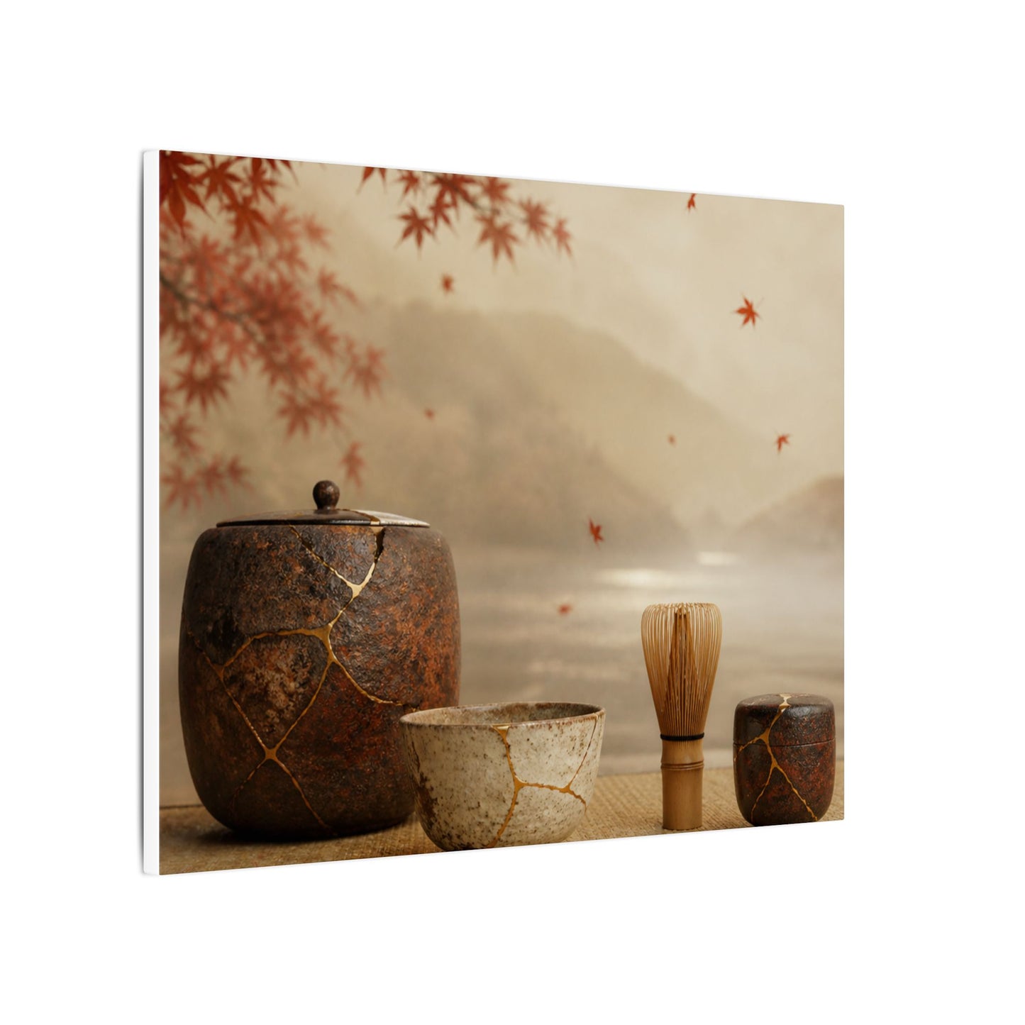 Tea Ceremony Canvas Art | Autumn Kintsugi Gold Vein Art