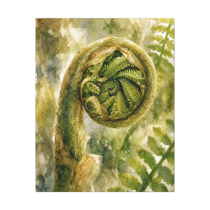 Japandi Fern Unfurling in Dappled | Watercolor Canvas Art