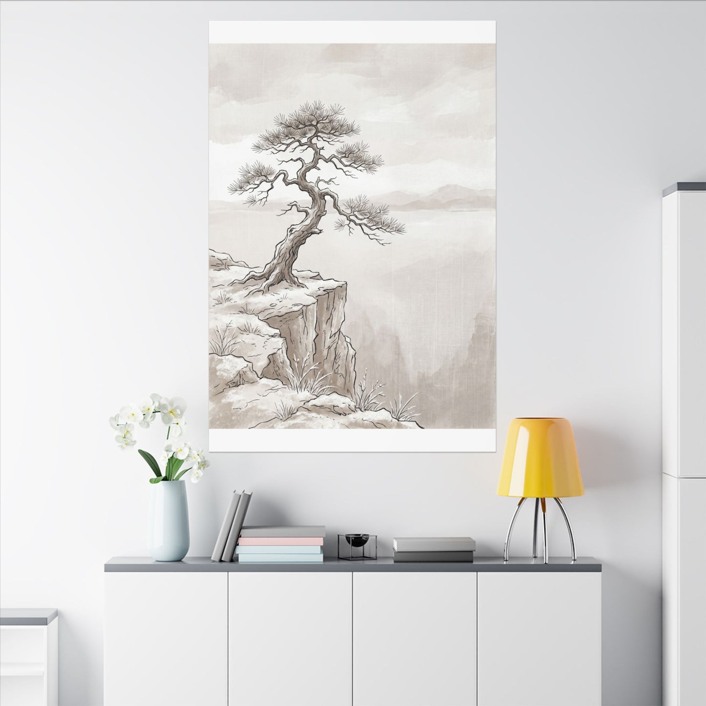 Neutral Pine Tree Canvas Art - Minimal Line Japandi